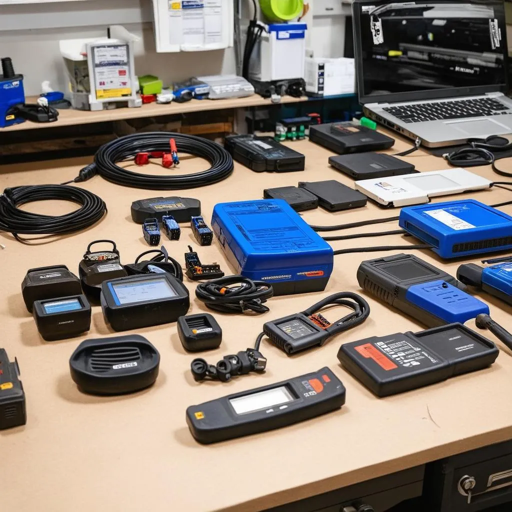 Various car diagnostic tools on a workbench