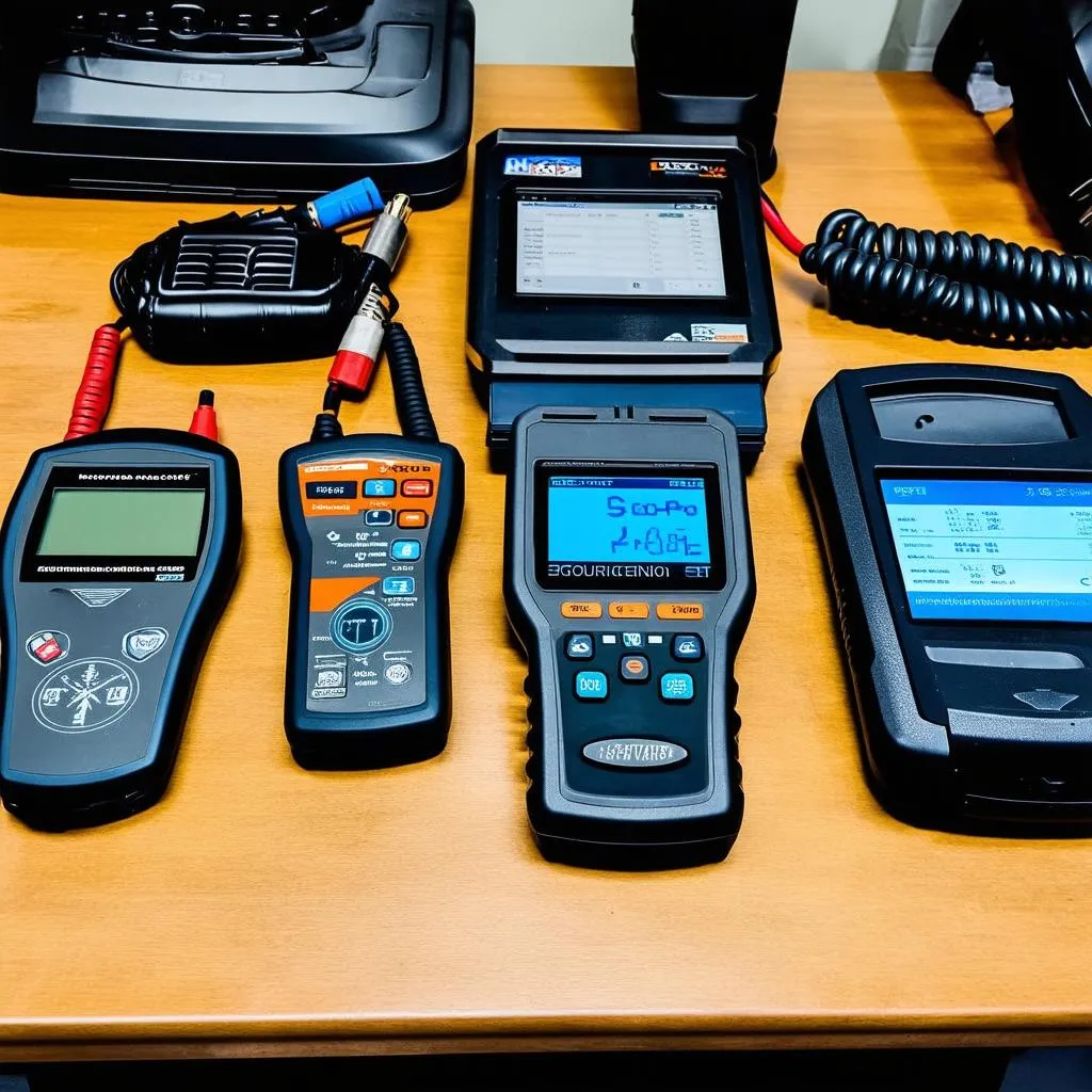 Various car diagnostic tools on a table