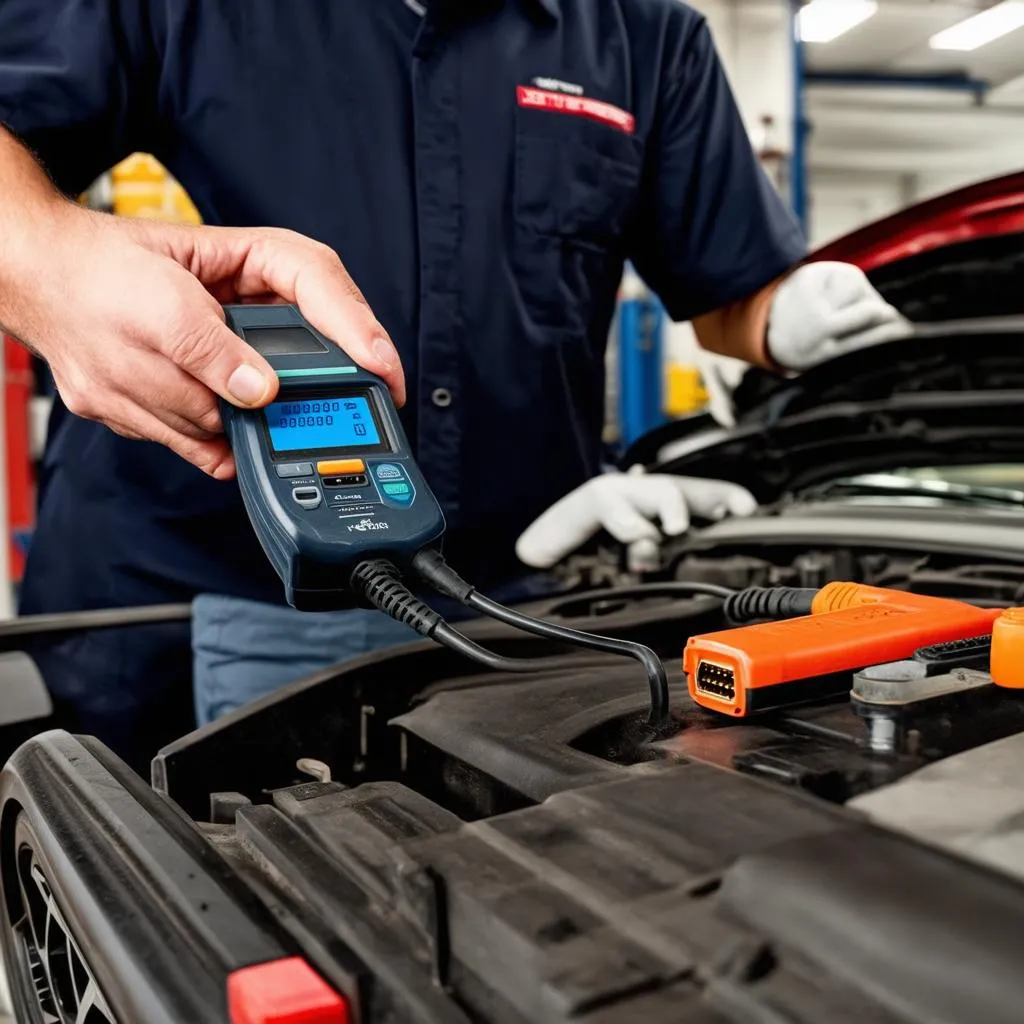 Mechanic using car diagnostic tools