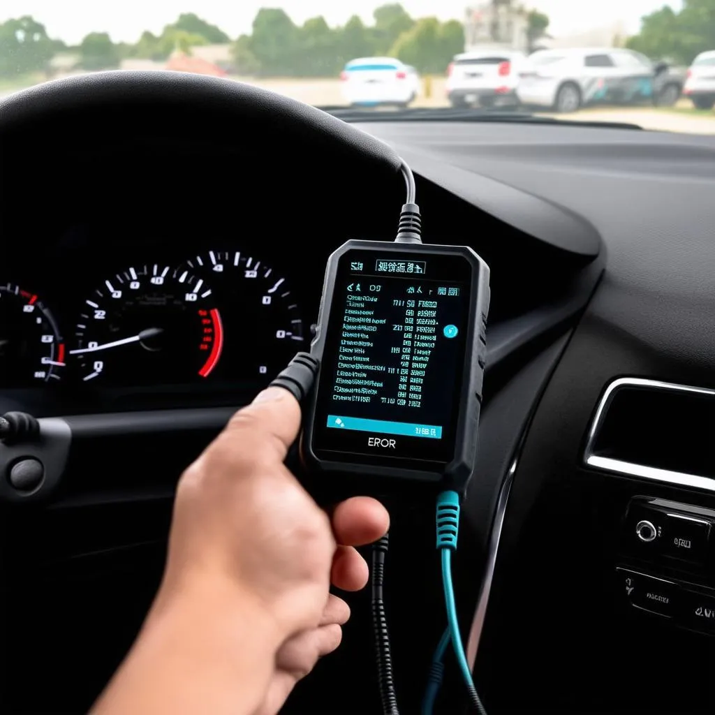 car diagnostics tool plugged in under the dashboard of a car