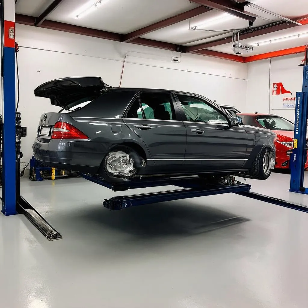 Voiture sur un pont élévateur dans un garage au Koweït