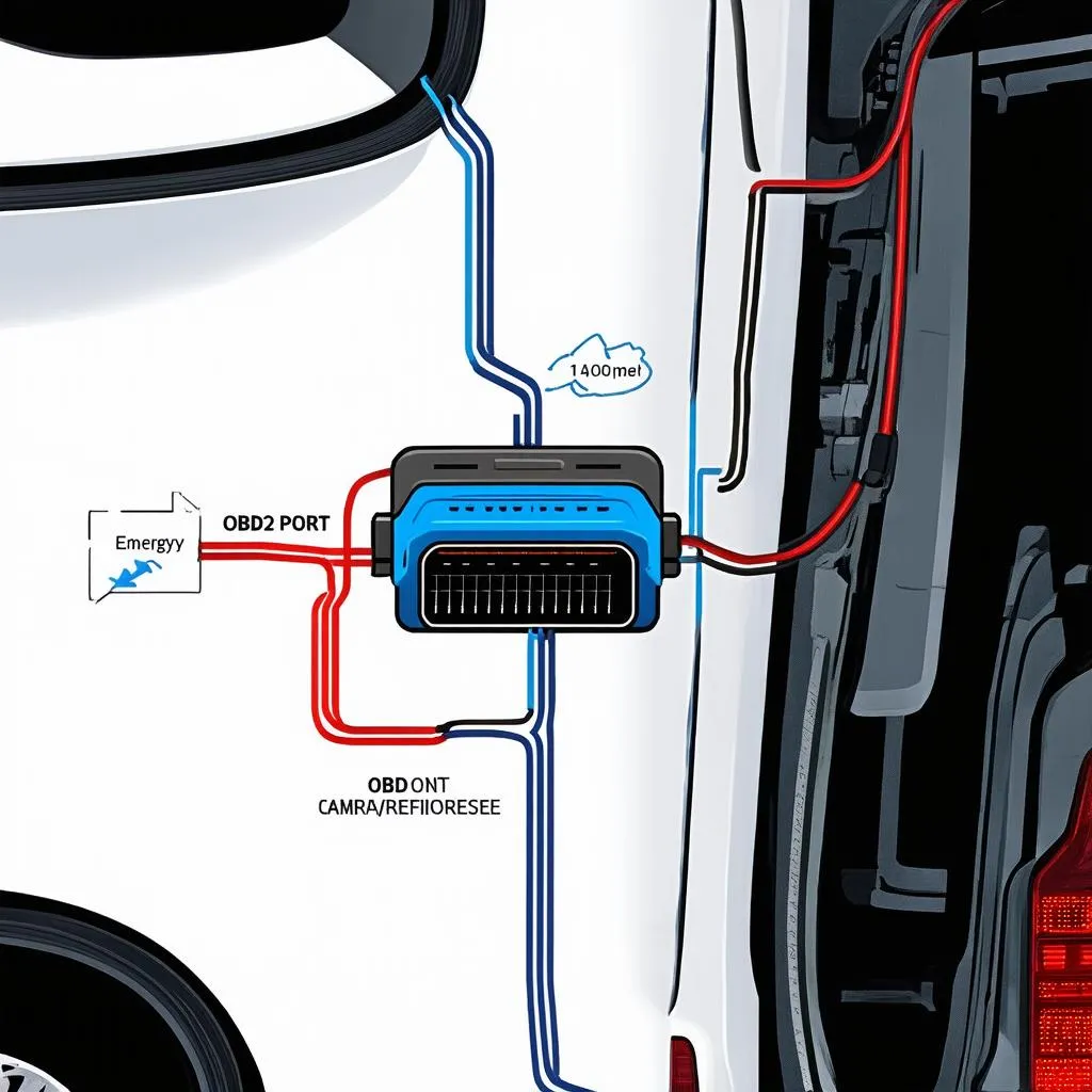 Représentation abstraite du flux d'énergie d'une voiture, mettant en évidence le port OBD2