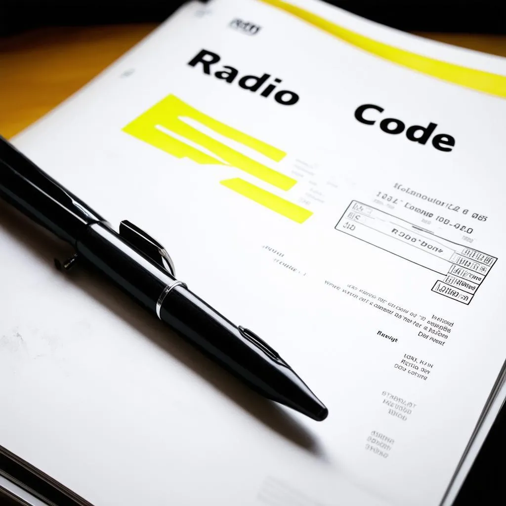 Car manual open to a page with &quot;Radio Code&quot; highlighted and a pen on top.