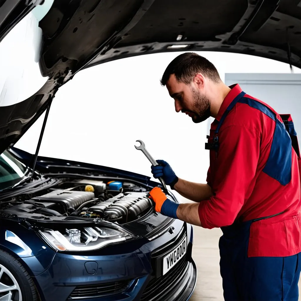 Mécanicien automobile travaillant sous le capot d'une voiture