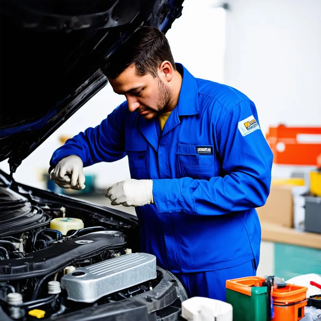 Car Mechanic working on a car engine