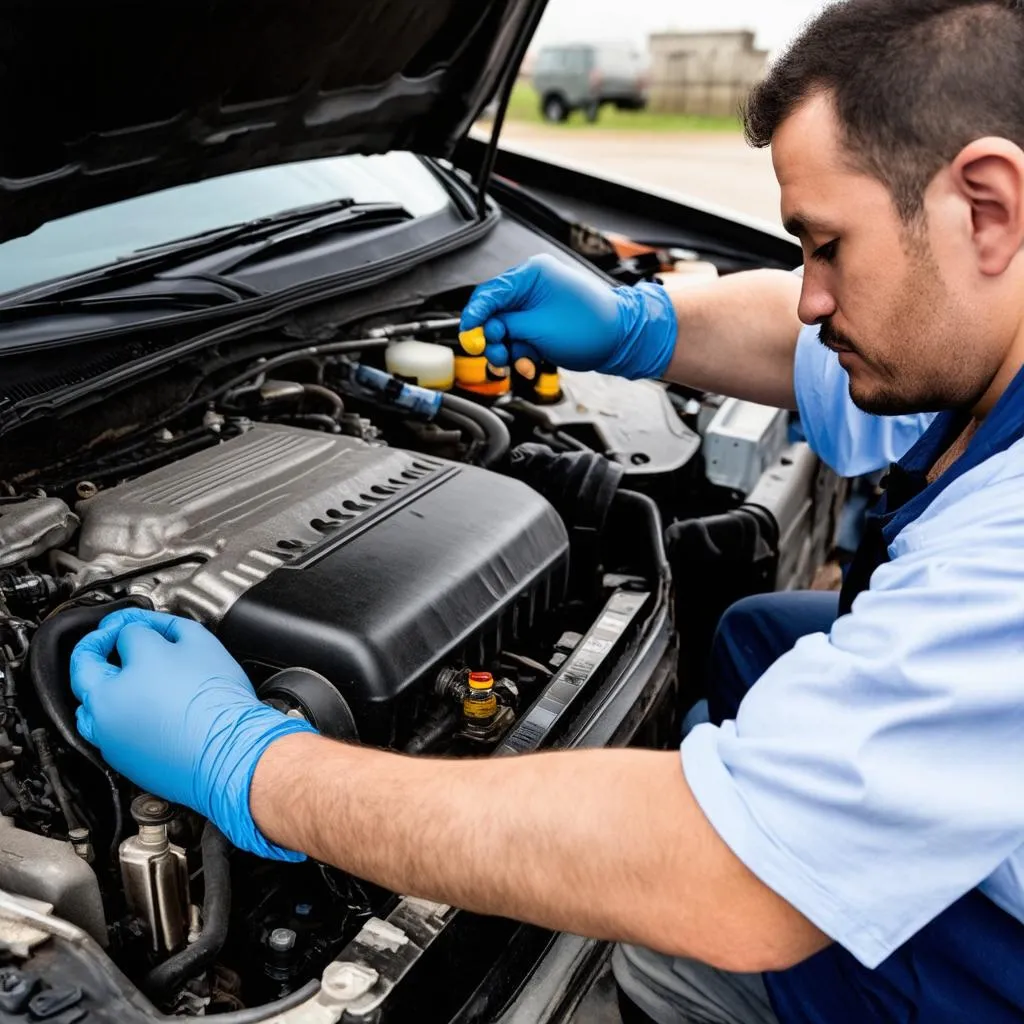 Mechanic Checking Transmission Fluid