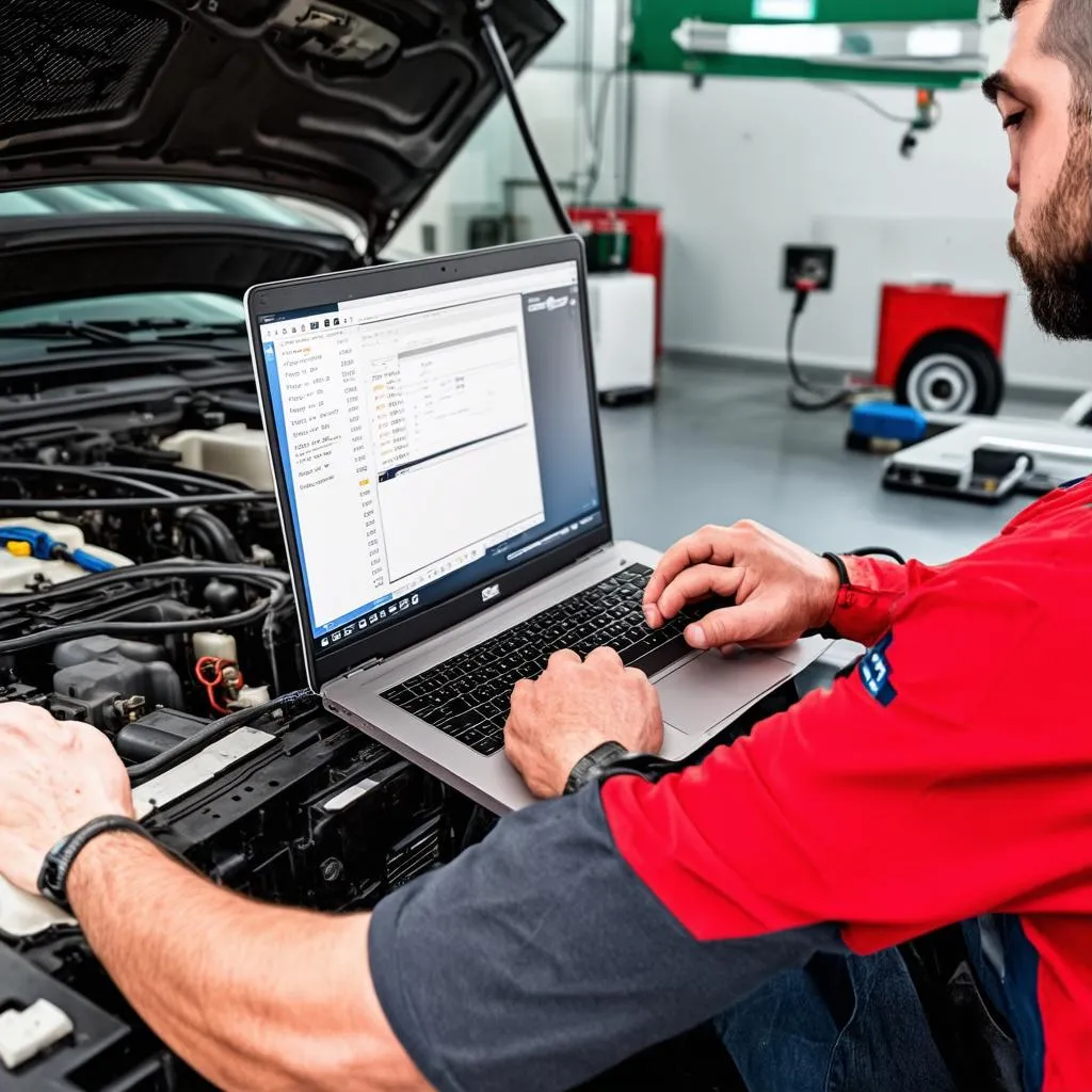 Car mechanic tuning ECU with a laptop