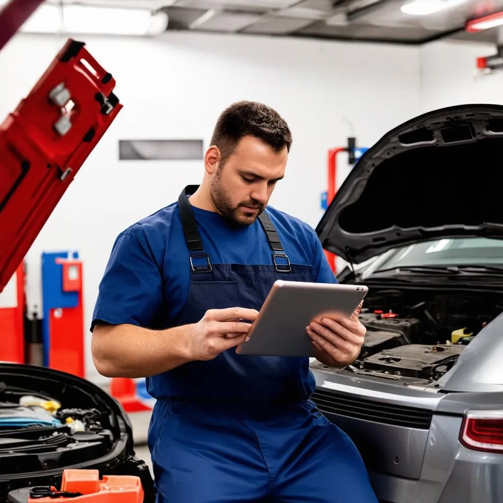 Mécanicien automobile utilisant une tablette numérique dans un atelier de réparation