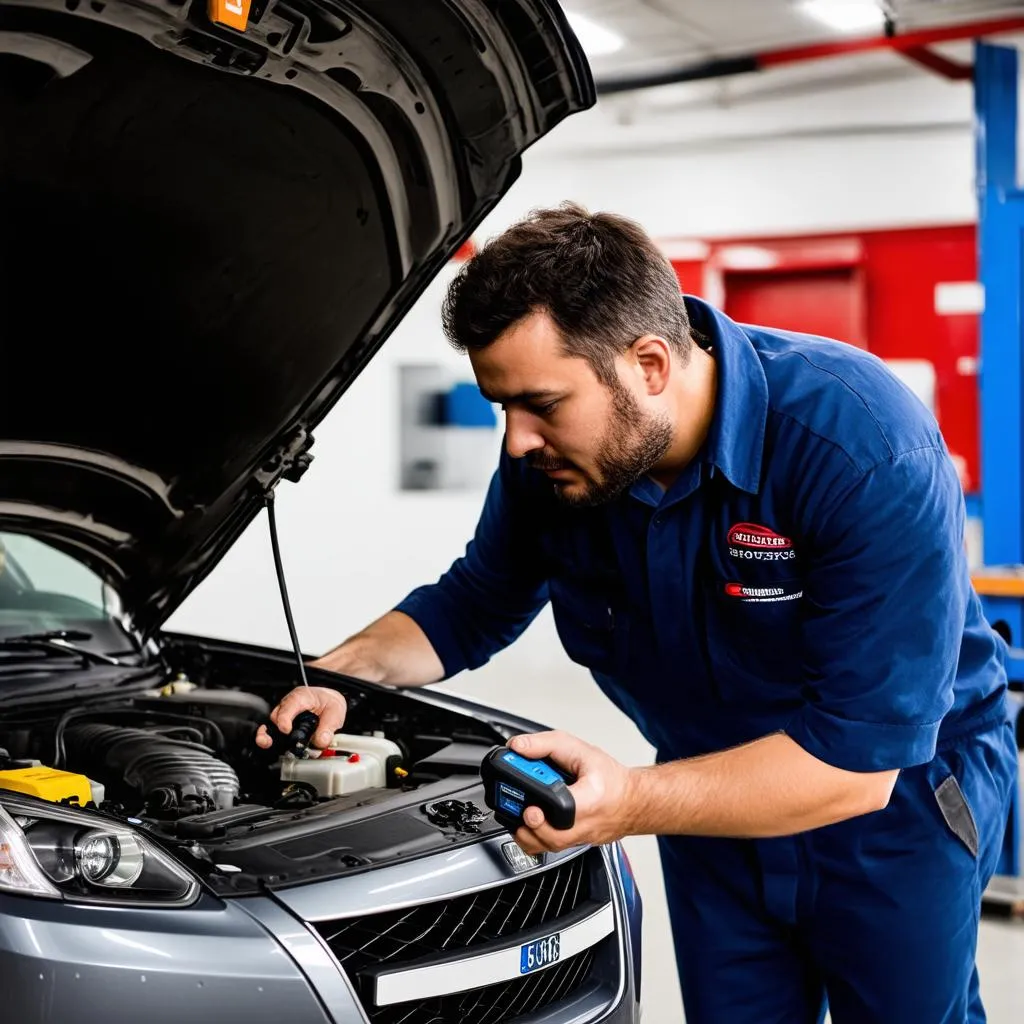 Mechanic using a diagnostic tool on a car engine