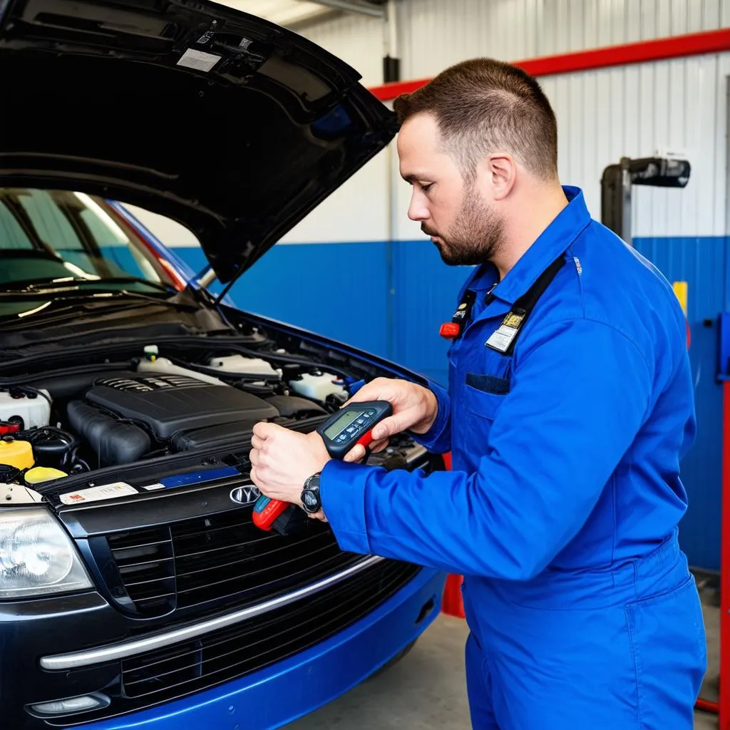 car mechanic using diagnostic tool