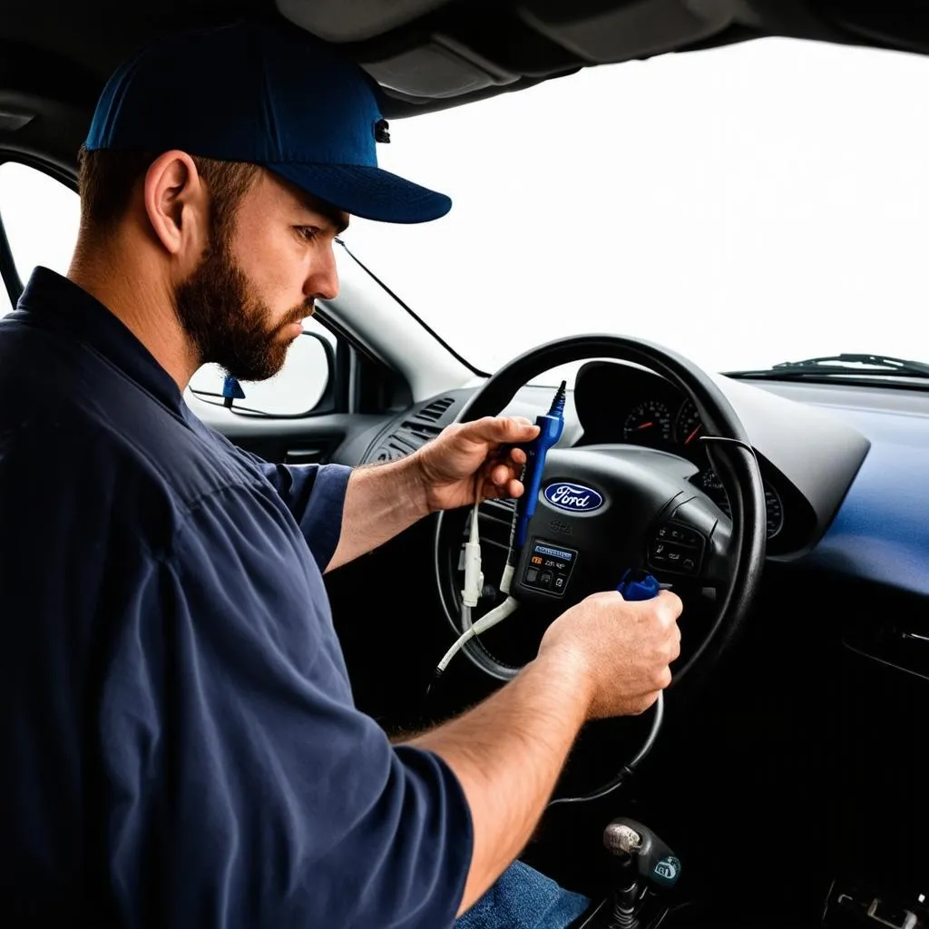 Car mechanic using diagnostic tool