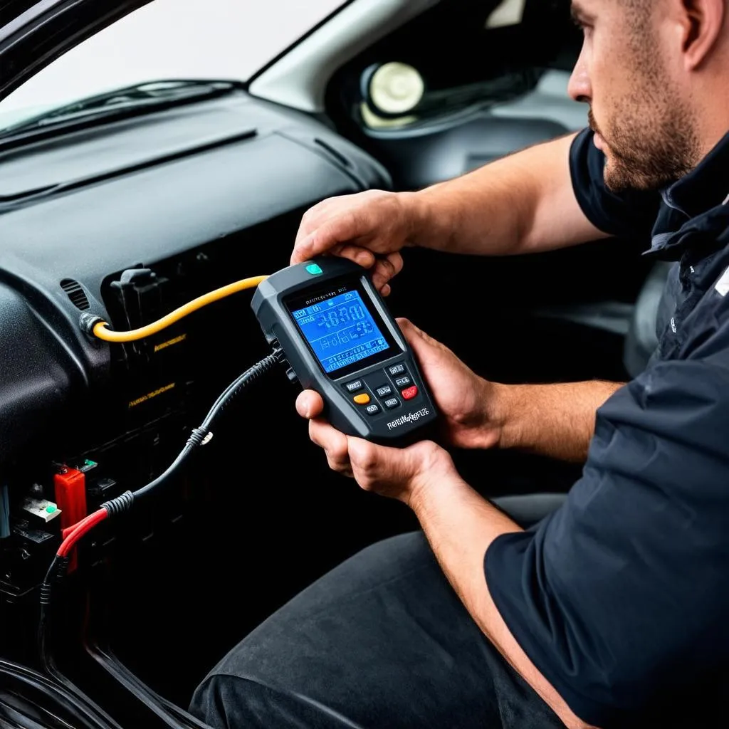 Car mechanic using a scanner