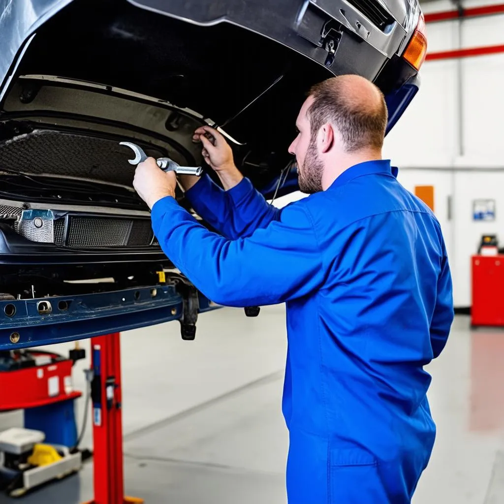 Mécanicien travaillant sur une voiture dans un garage