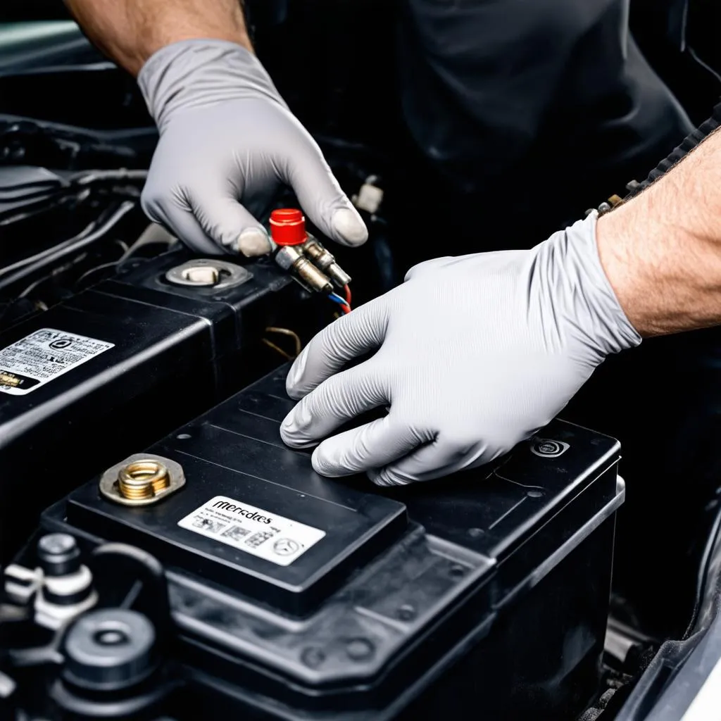 Car Mechanic Working on Battery