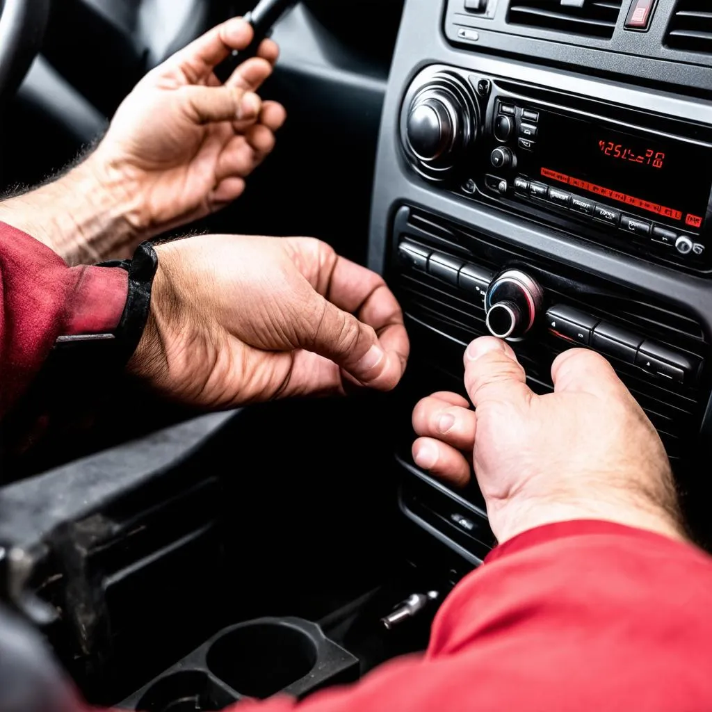 Car Mechanic Working On Car Radio