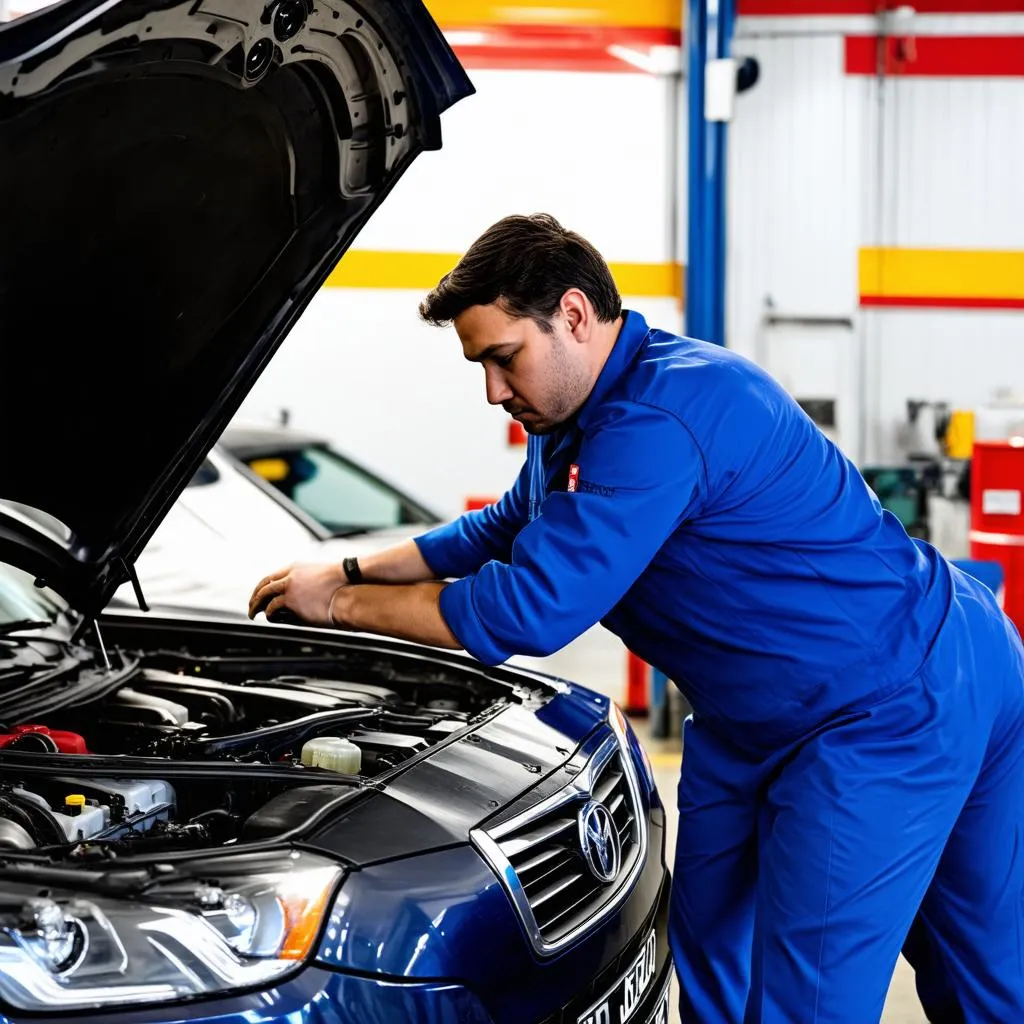 Car Mechanic Working on Engine