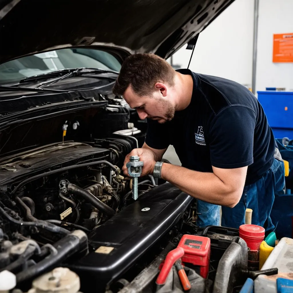 Car mechanic working on engine