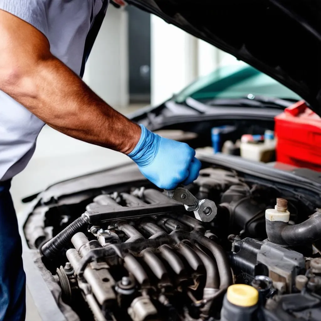 Mécanicien automobile travaillant sur un moteur