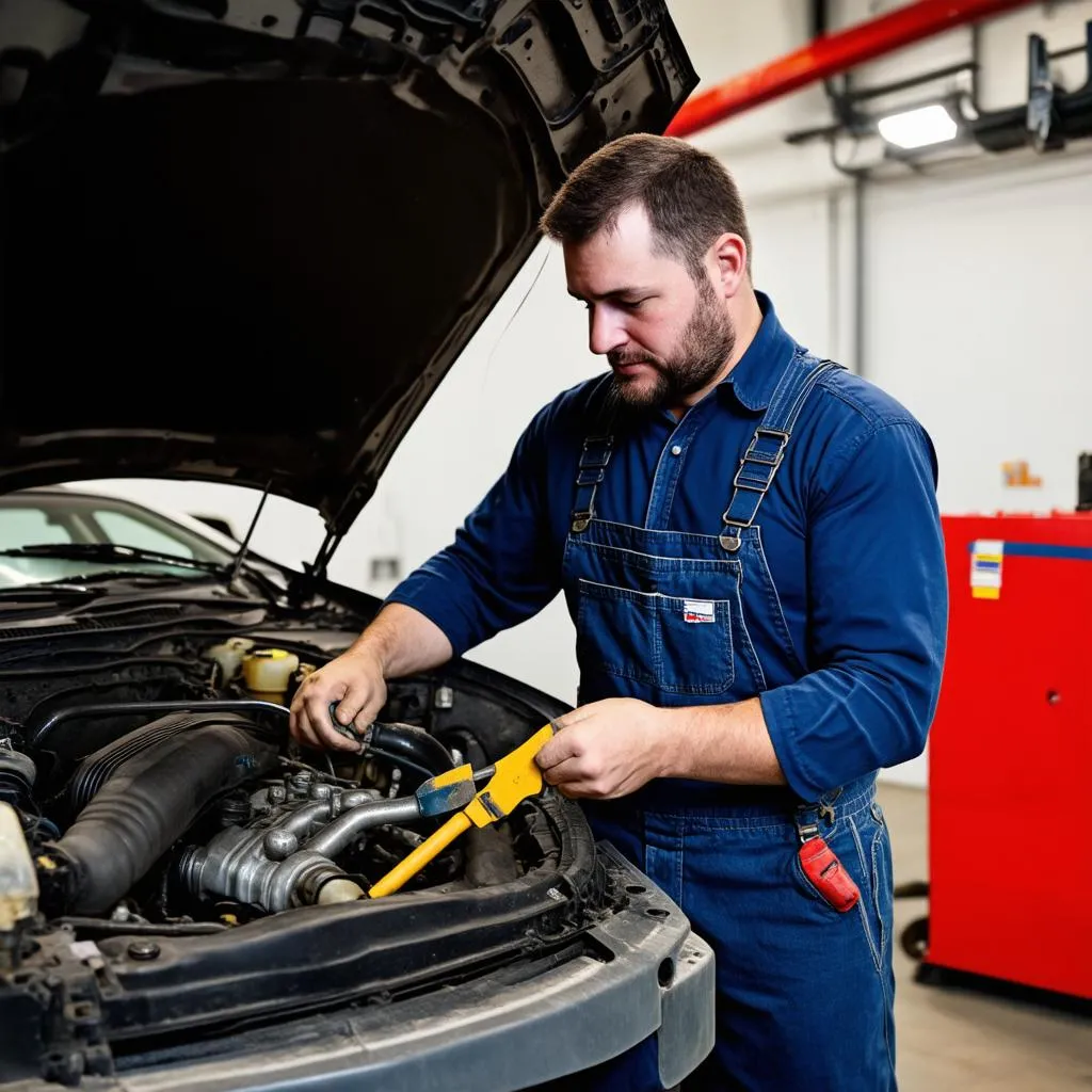 Car mechanic repairing a car engine