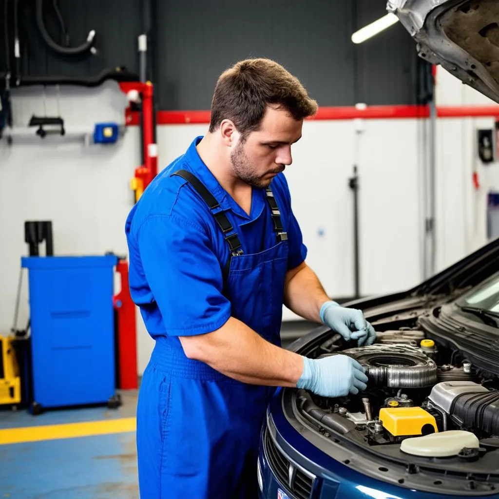 Car mechanic working on car engine