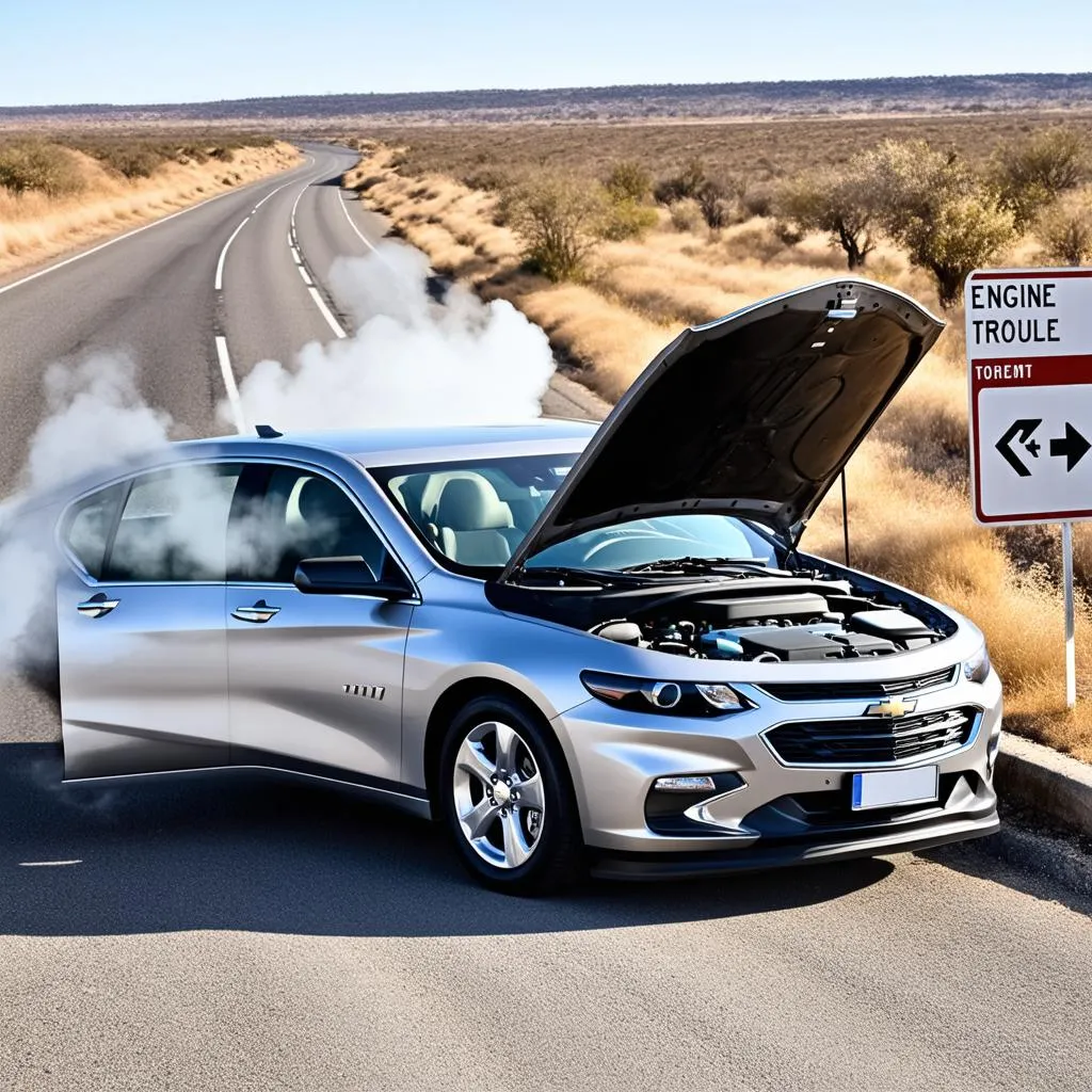 Chevrolet Malibu garée sur le bord de la route avec un problème de moteur