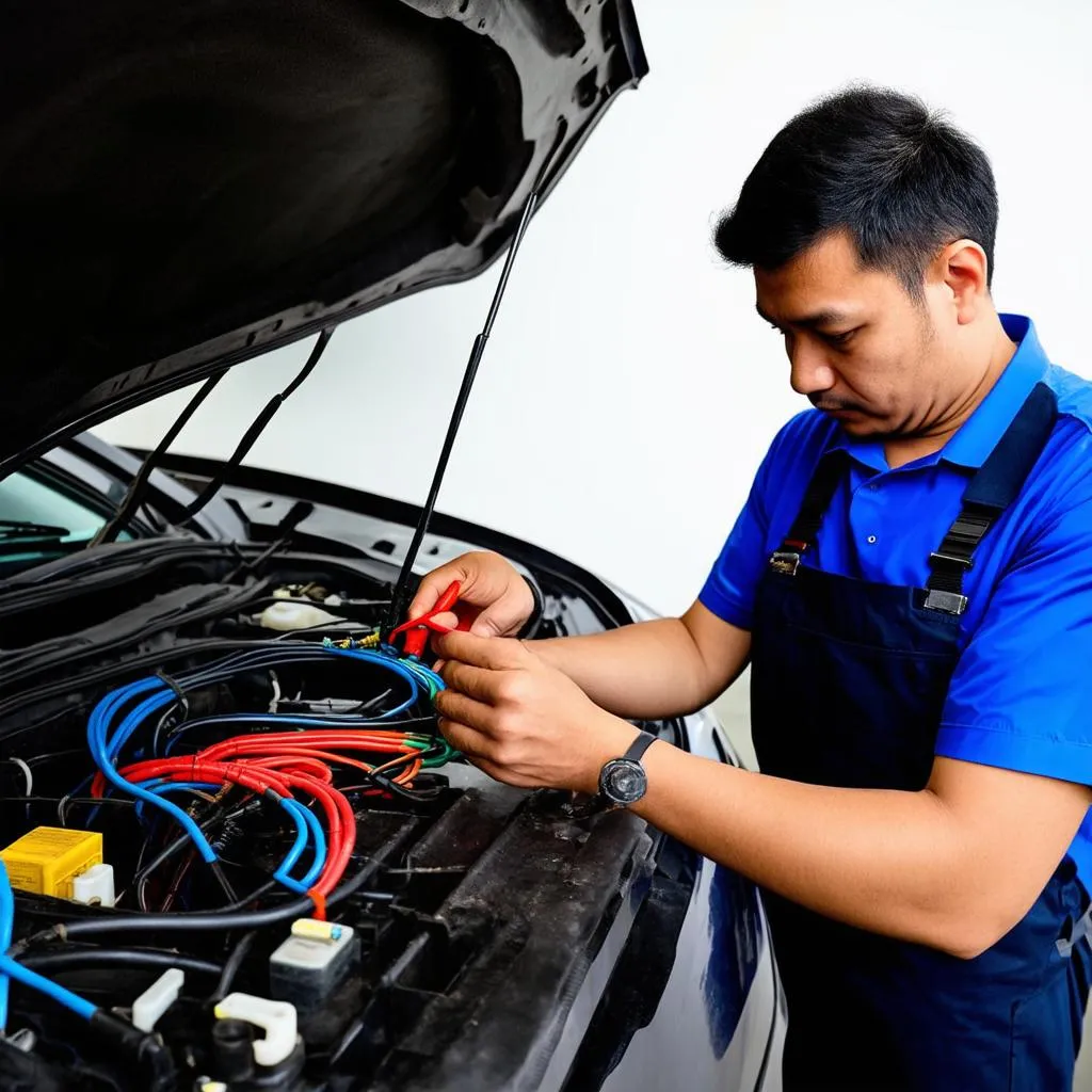 un technicien automobile examinant le code couleur des fils d'une voiture chinoise