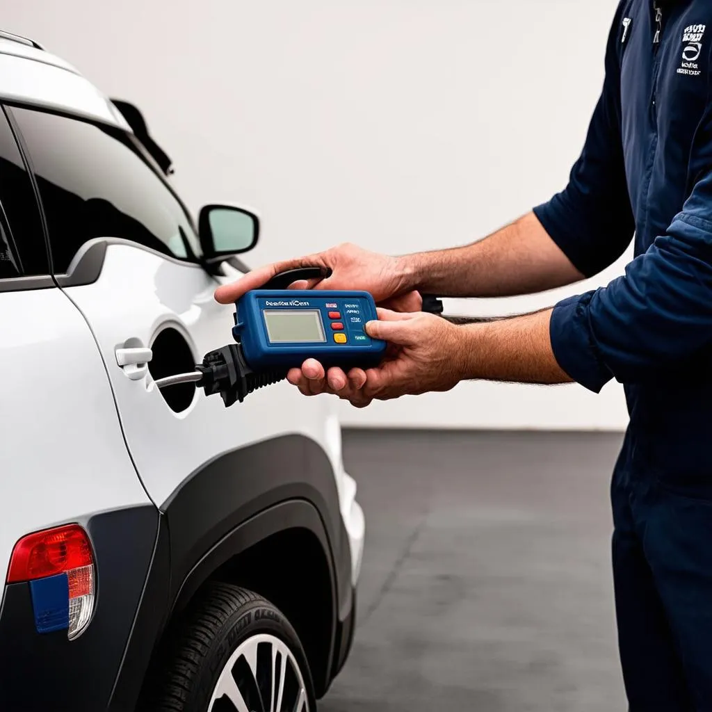 Mechanic using an OBD scanner on a Citroen C4 Cactus