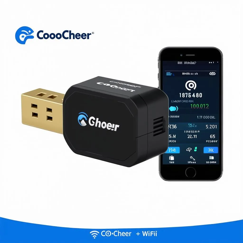 A car dashboard with the Coocheer Wifi OBD app open on a smartphone, displaying engine data.