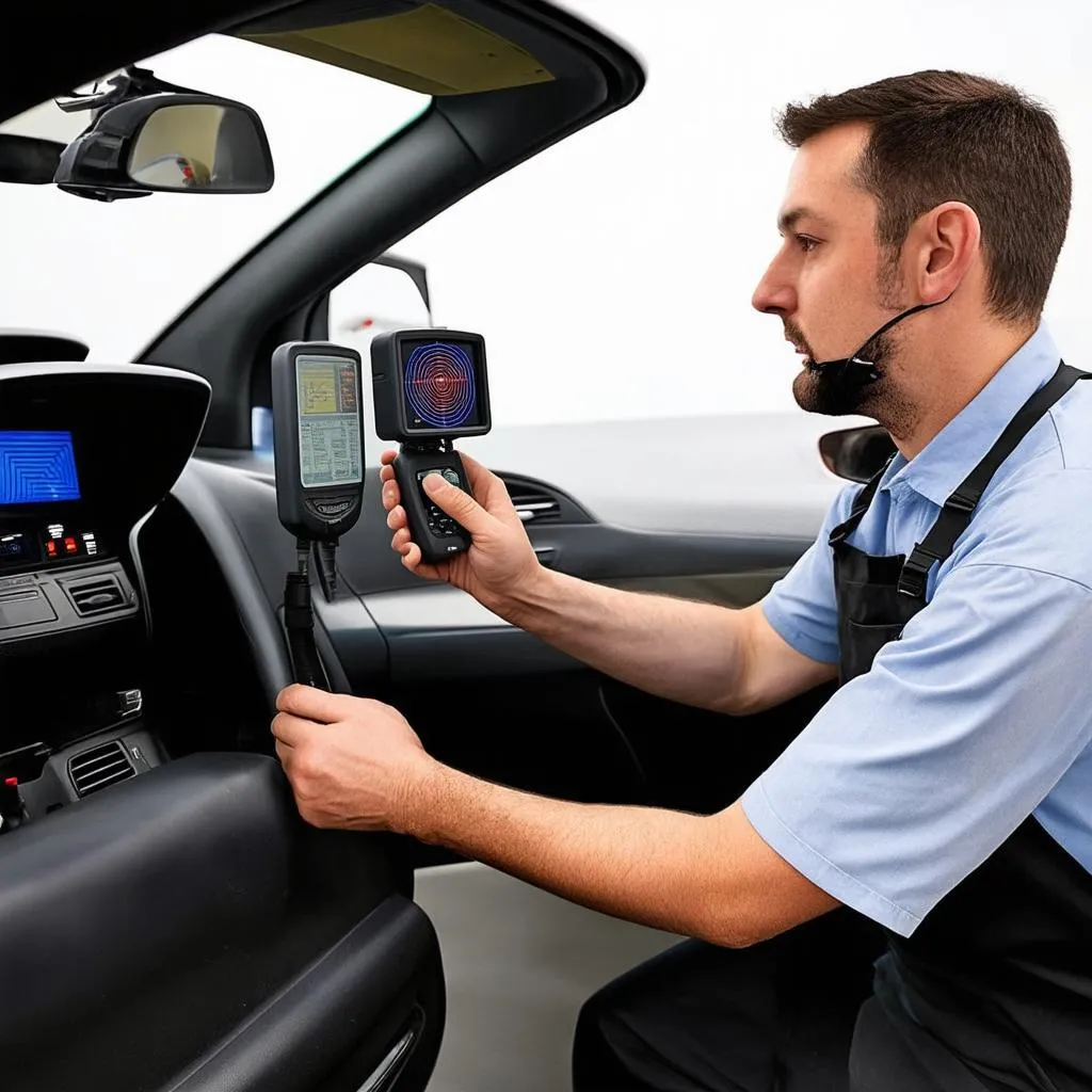 Un mécanicien utilisant un Davie Radar pour diagnostiquer une voiture