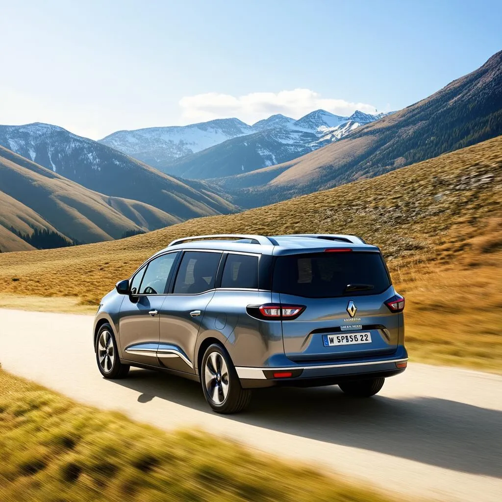 Un Renault Espace 2 traverse un paysage montagneux