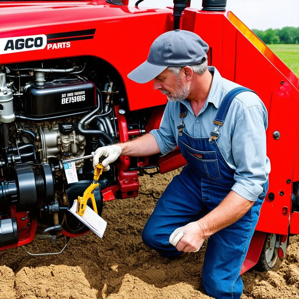 Agriculteur réparant un tracteur