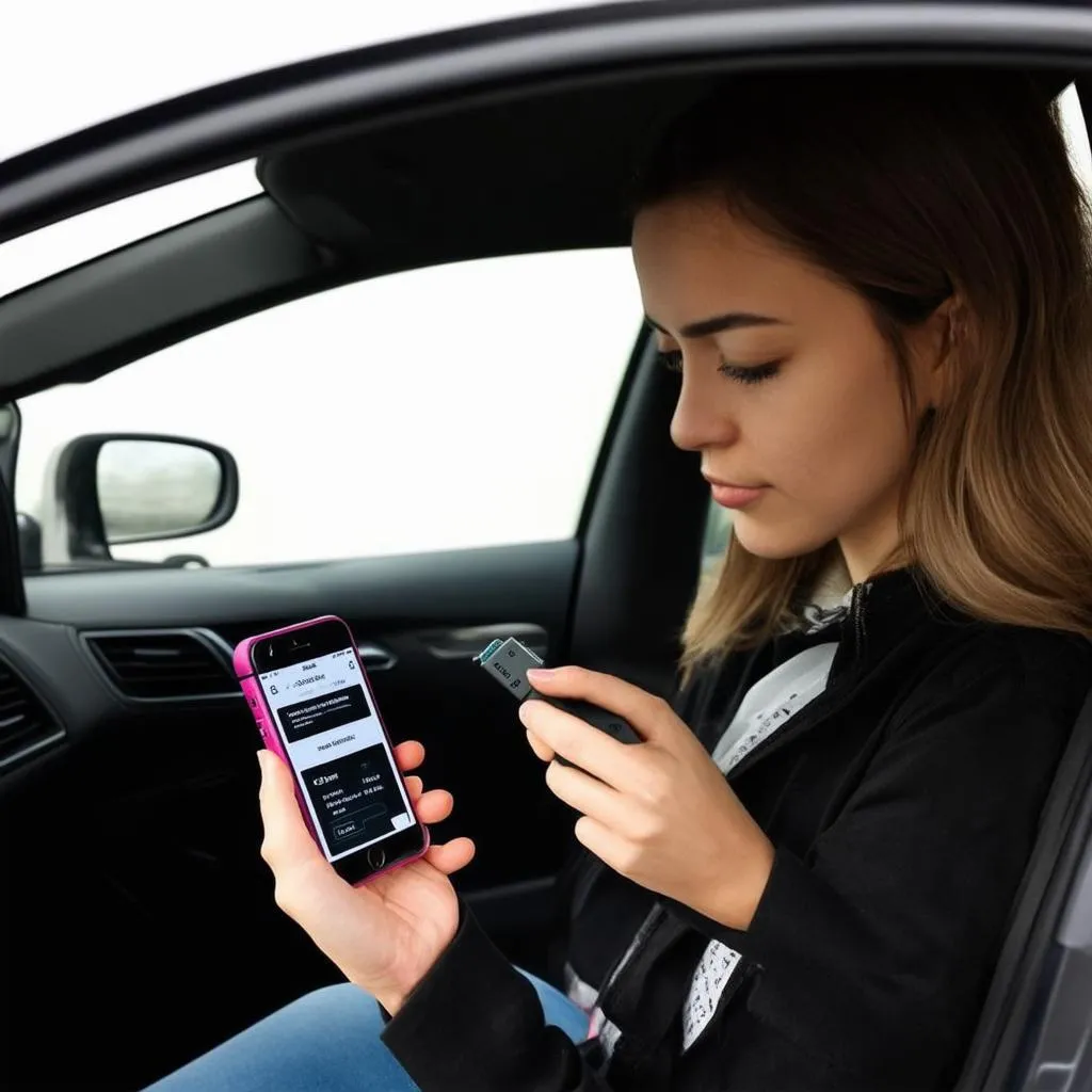 Femme utilisant un dongle OBD avec son smartphone