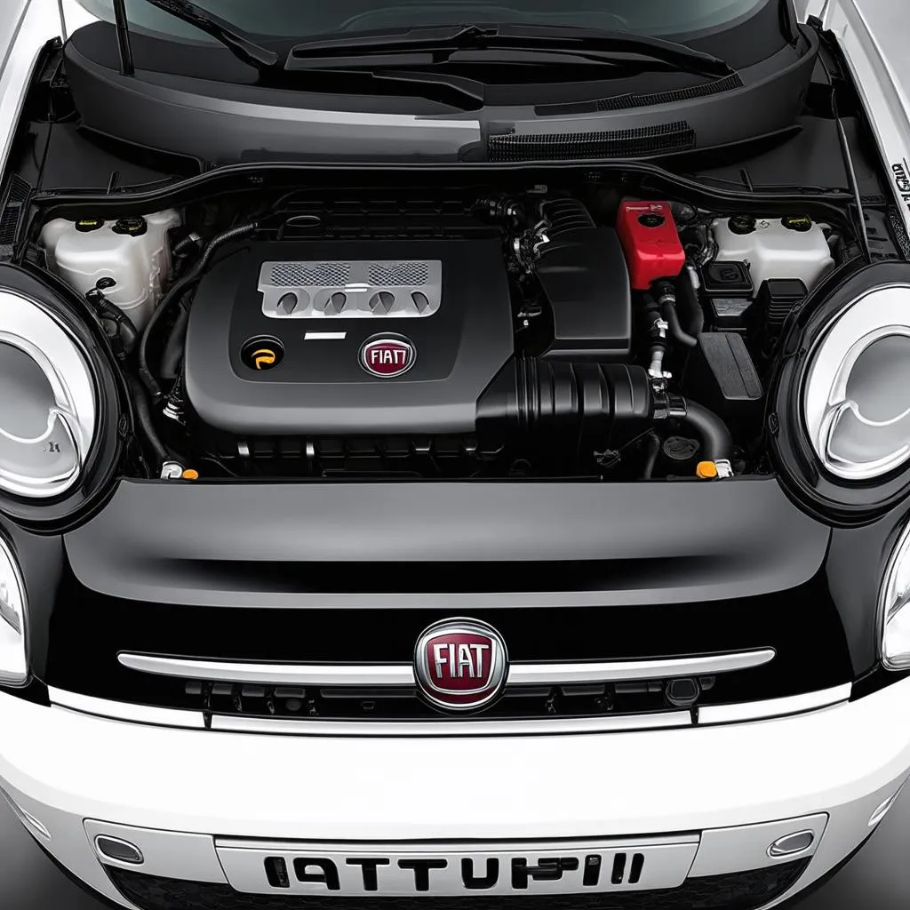 Compartiment moteur d'une Fiat 500 avec ses composants étiquetés