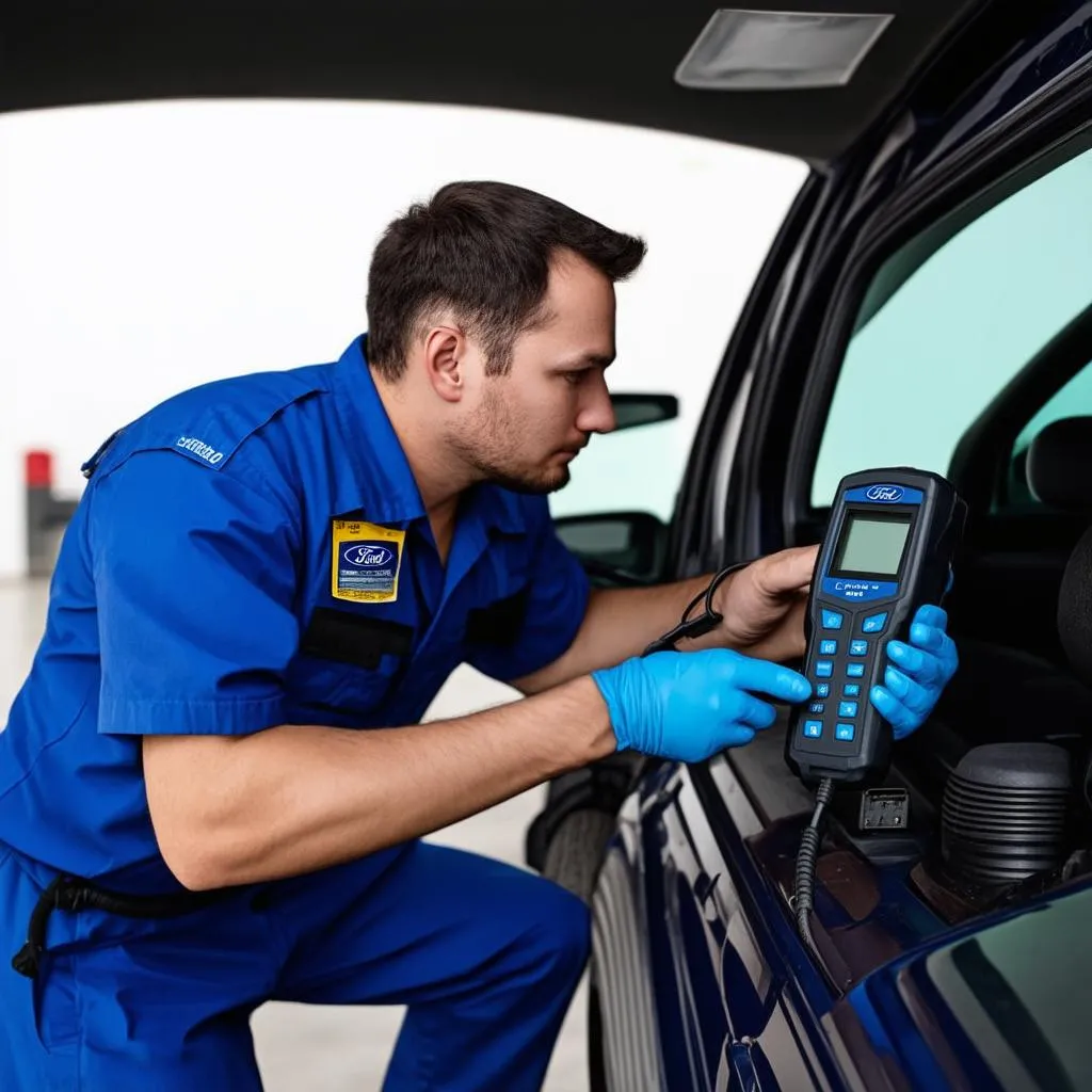 Mechanic diagnosing car with diagnostic tool