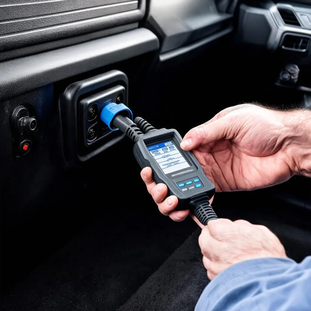 Mechanic using an OBD2 scanner on a Ford F-150