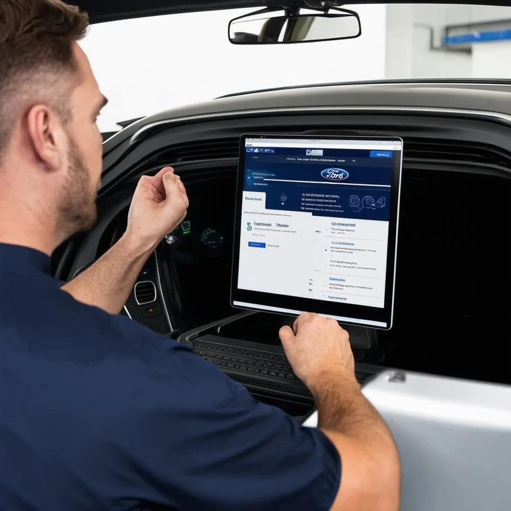 Un technicien Ford utilise Dealerconnection pour diagnostiquer un problème sur un véhicule.