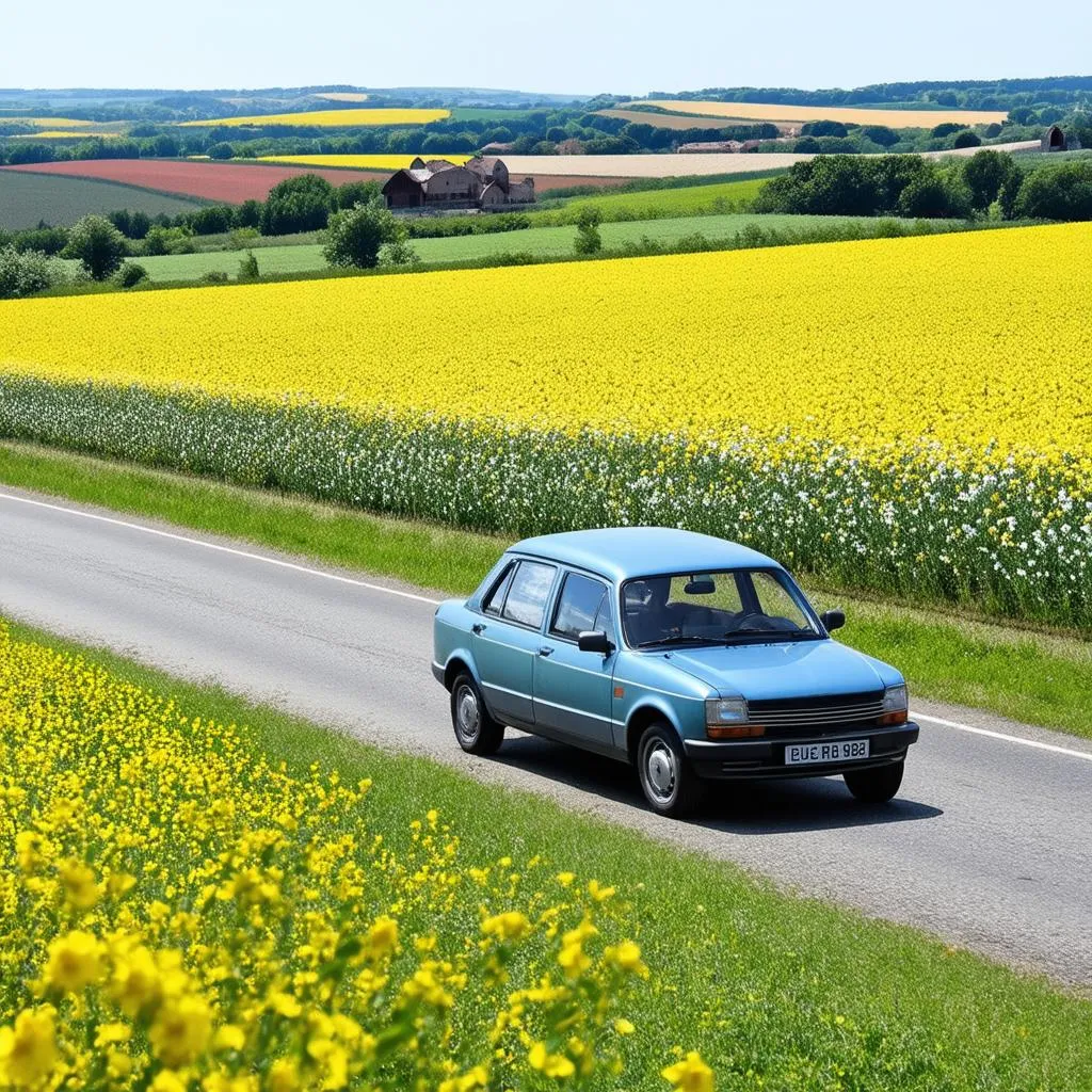 Voiture traversant la campagne française