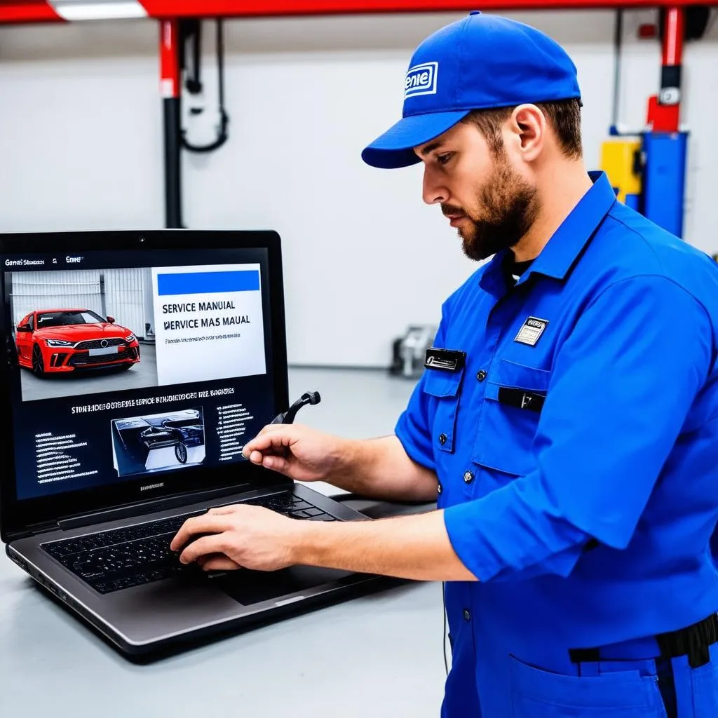 Mechanic using Genie service manual to repair a car