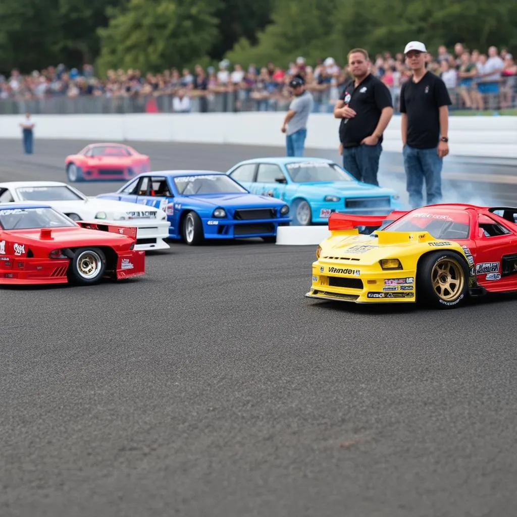 Groupe de personnes admirant des voitures de drift 1/10