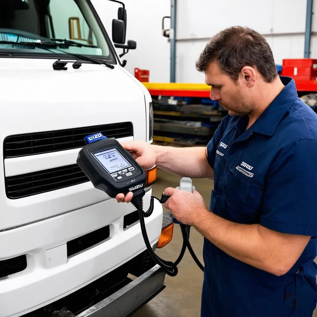 Mechanic using OBD Scanner on Isuzu NPR