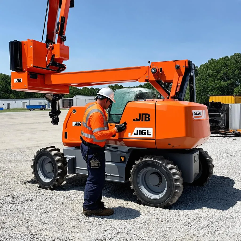 Mécanicien réparant un JLG 10054