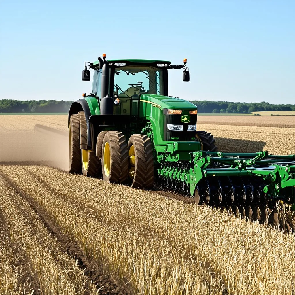 Un tracteur John Deere 8530T en train de labourer un champ