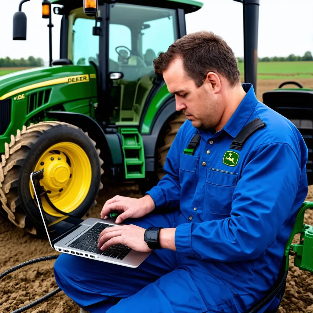 Technicien John Deere réparant un tracteur