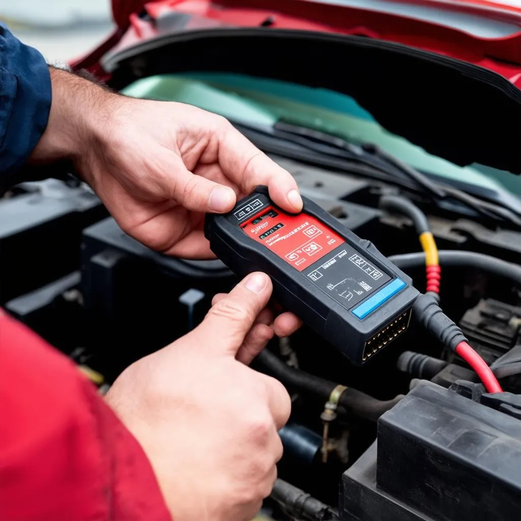 Mécanicien automobile effectuant un diagnostic sur une voiture avec un outil de diagnostic