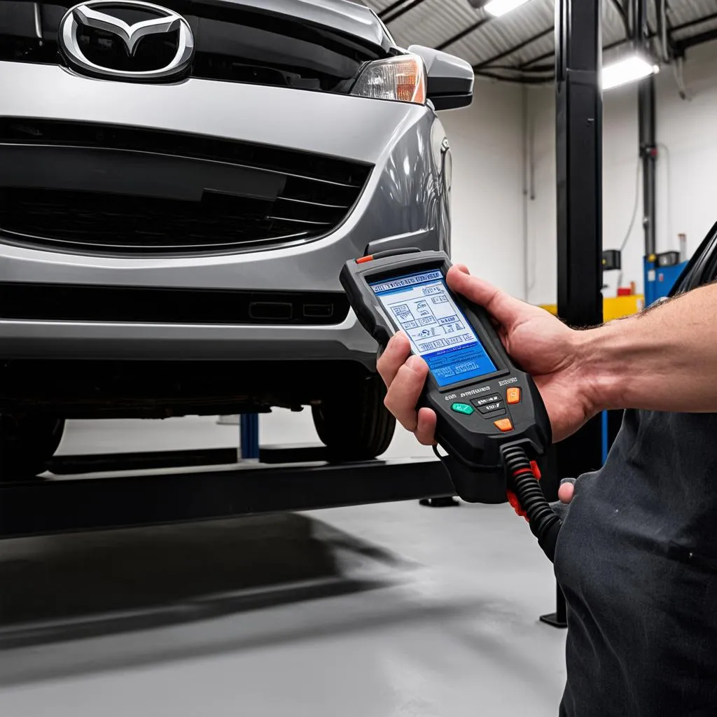 Mechanic using a diagnostic tool on a Mazda 3