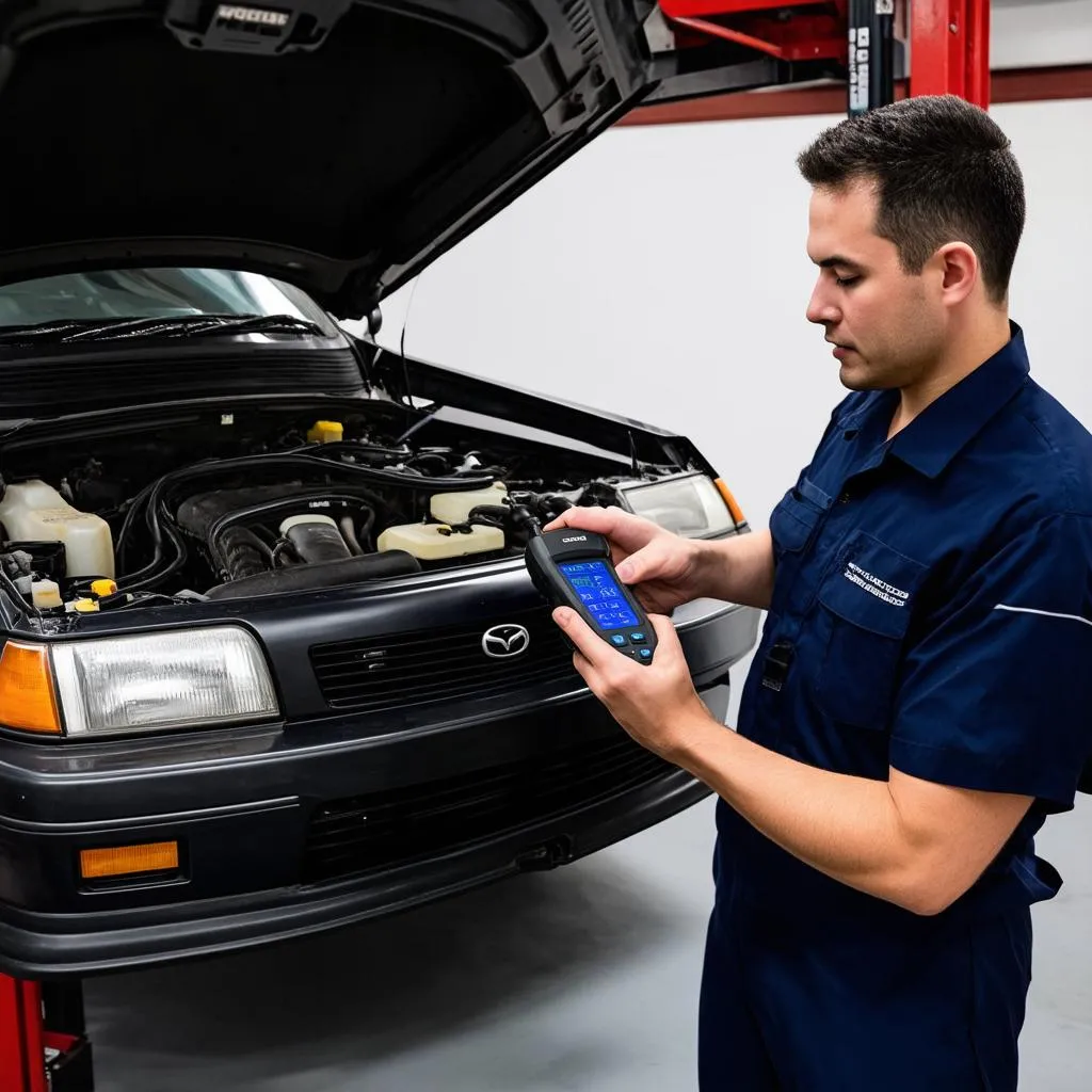 Mechanic using OBD scanner on Mazda 323