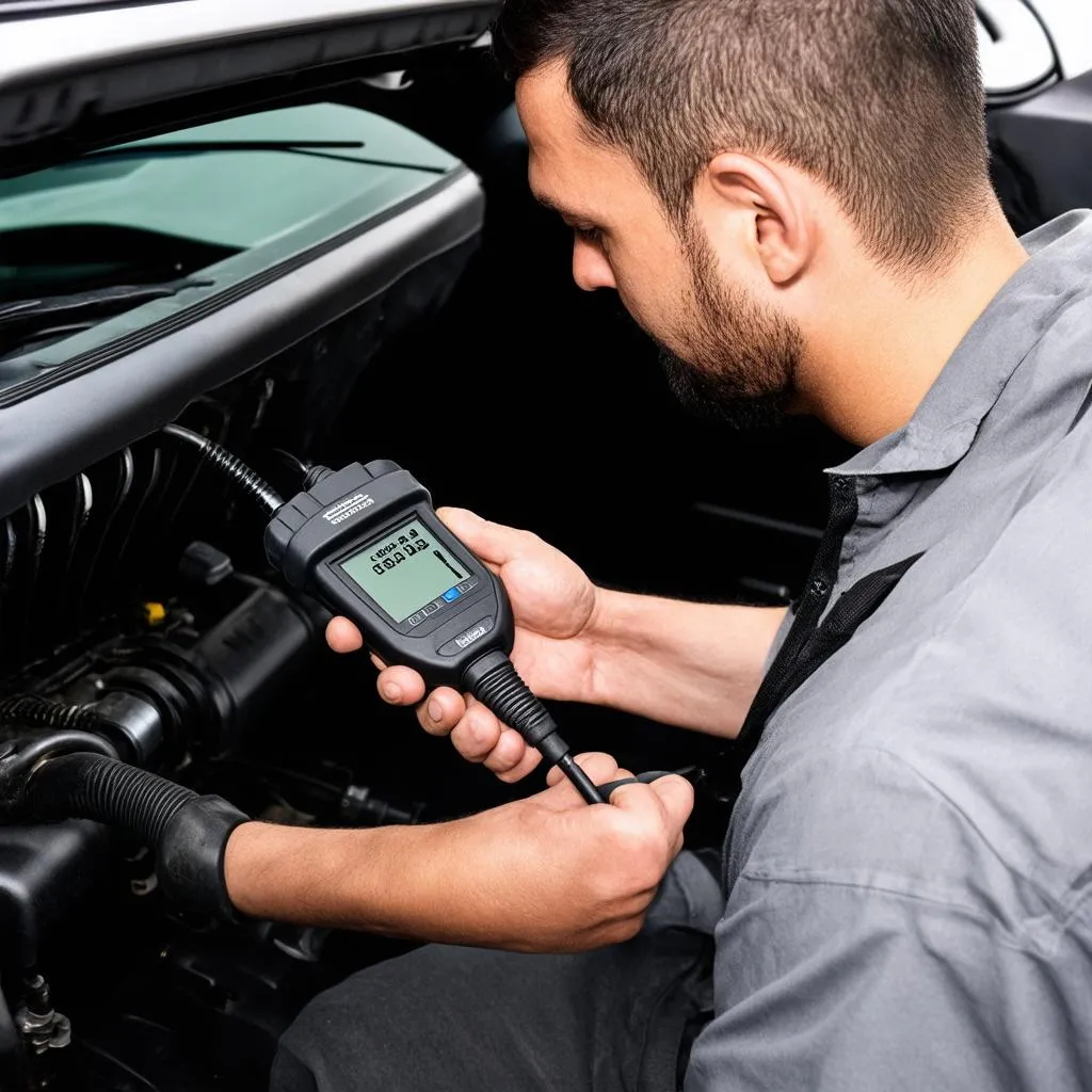 Mécanicien branchant un scanner OBD2 sur une Mazda