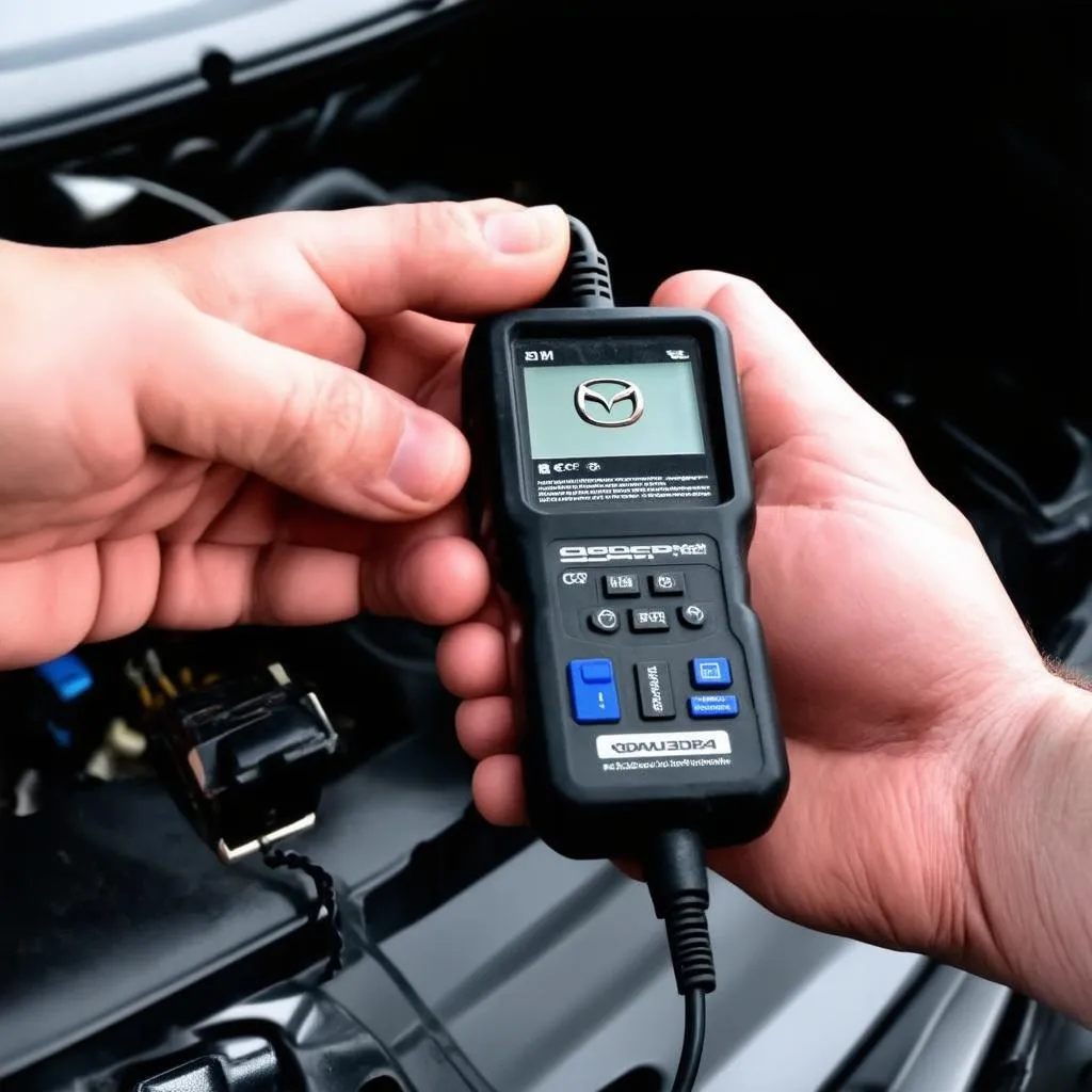 OBD2 scanner plugged into a Mazda car