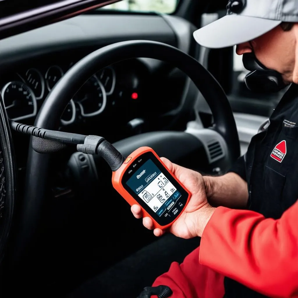 Un mécanicien en train de brancher un Dealer Scanner sur une voiture