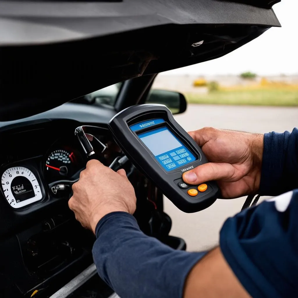 Mécanicien utilisant un scanner de diagnostic sur une voiture